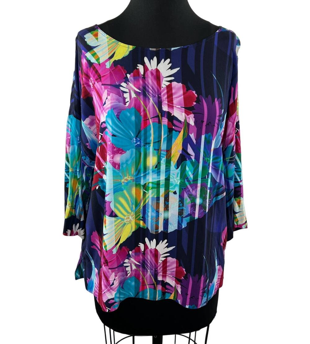 Soft Surroundings Mignon Multicolor 3/4 Sleeve Top Blouse Floral Stripe 2FA15 M